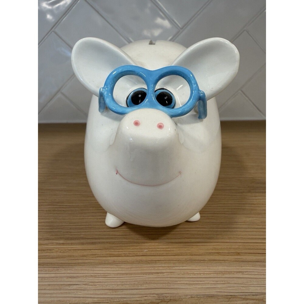 Vintage Ceramic Piggy Bank White Pig Blue Glasses Taiwan Novelty Coin Bank